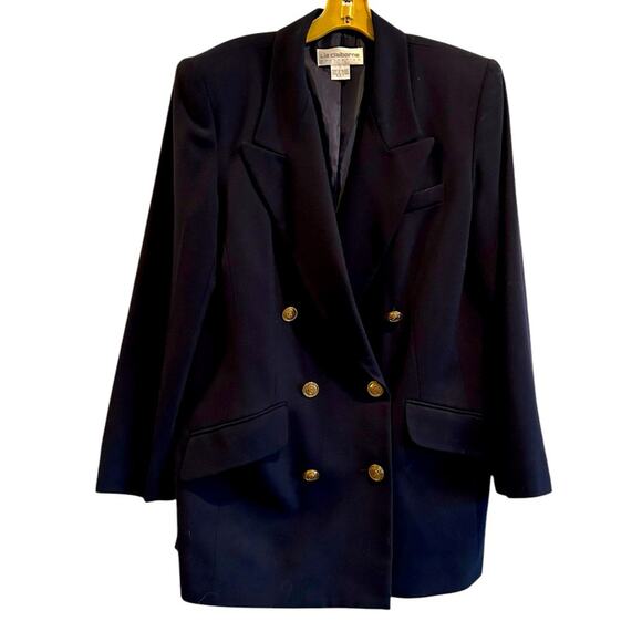 Vintage Liz Claiborne Blazer Women 10 Formal 100% Wool Double Breasted Navy Blue